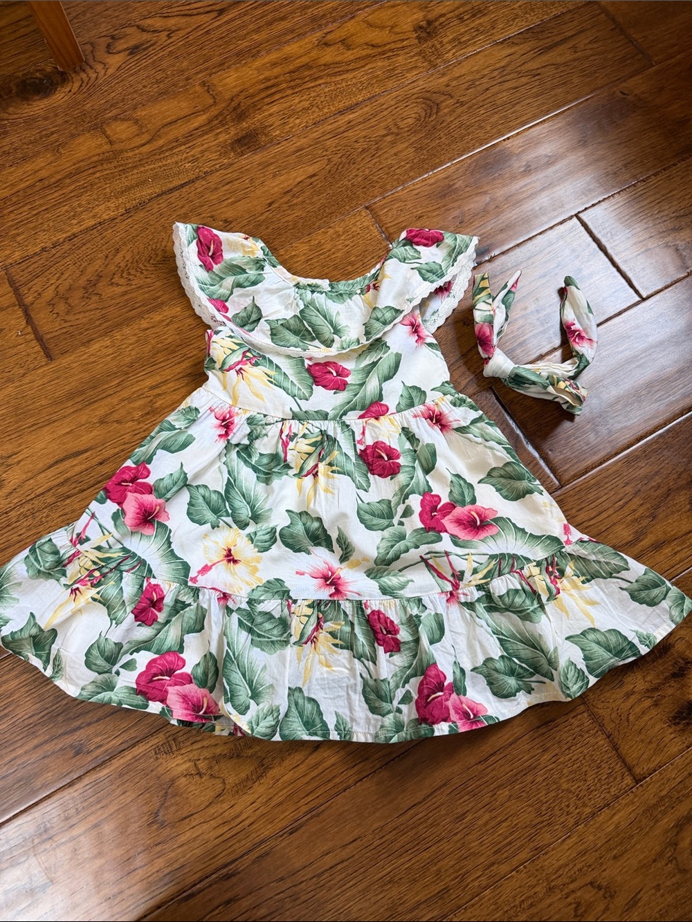 Floral Ruffle Sundress with Matching Bow Headband - White, Green, Pink